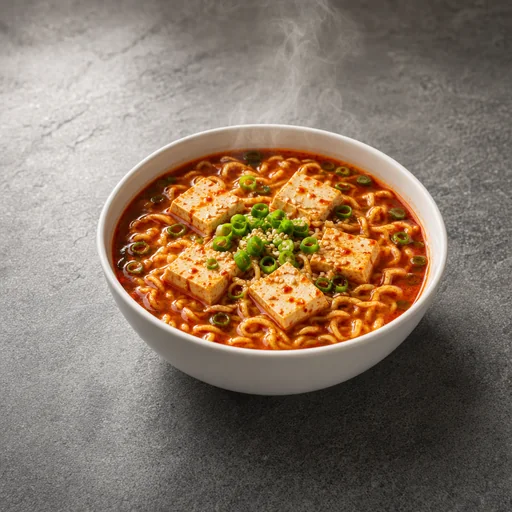 White bowl, five tofu pieces, scallions, sesame, noodles and spicy broth remain recognizable.