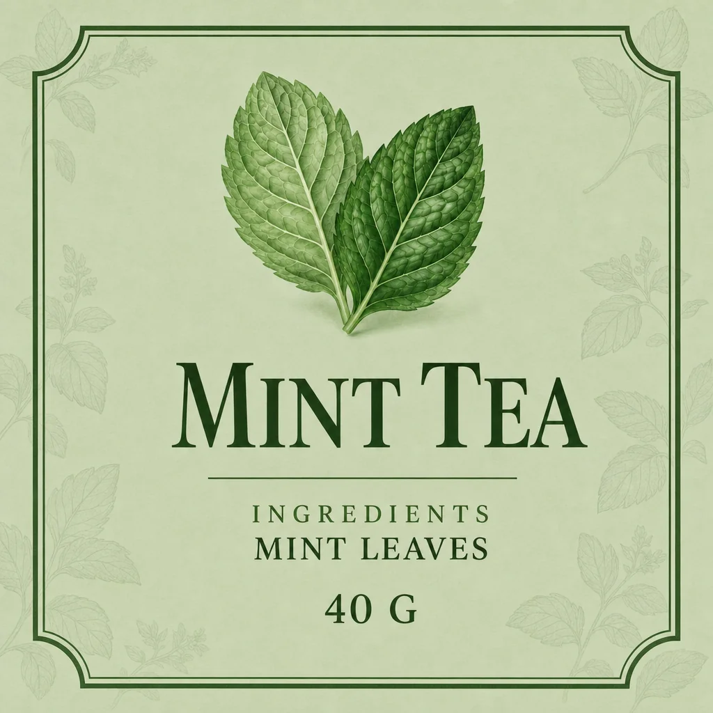 Two mint leaves above MINT TEA, ingredients and 40 G.
