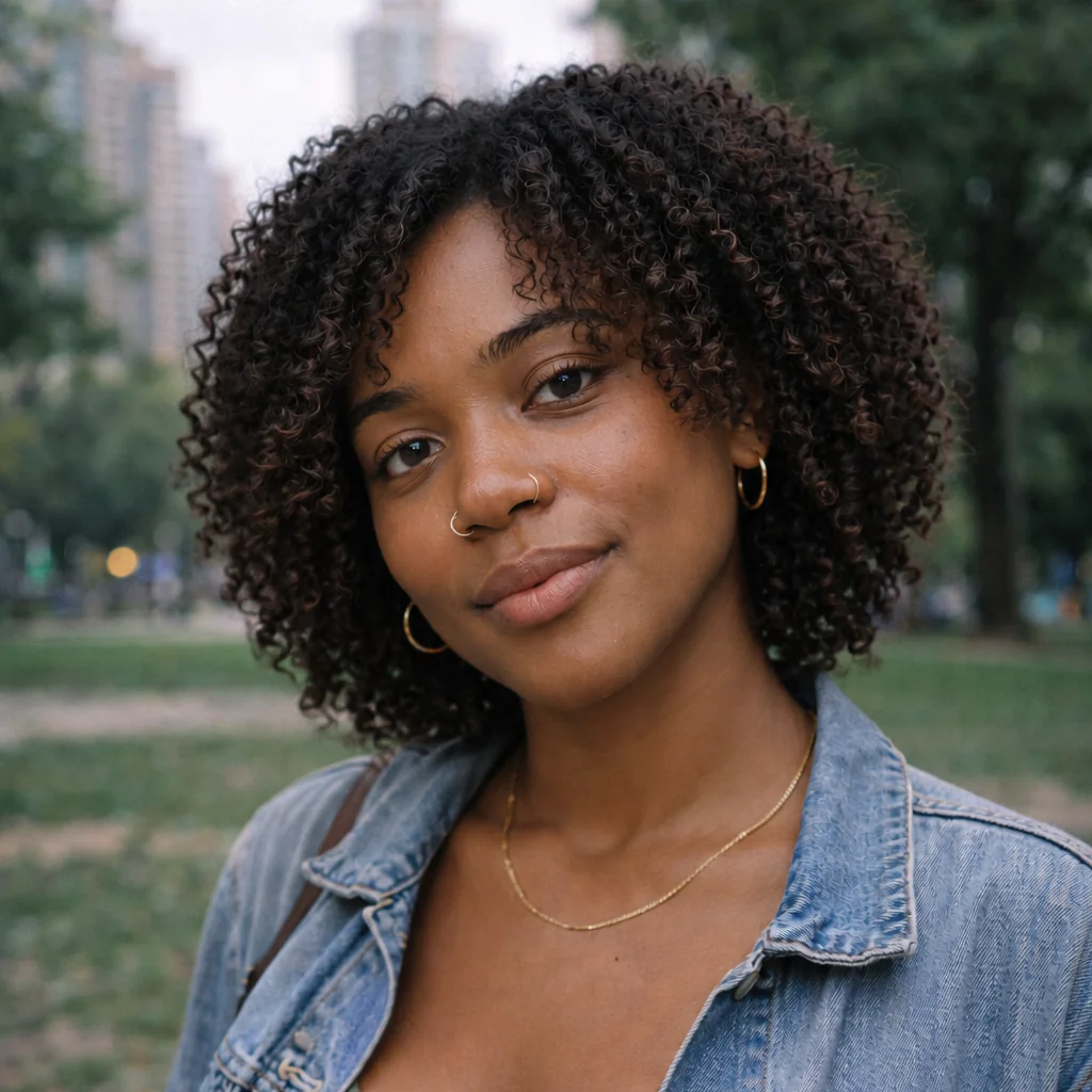 Woman with medium curly curtain bangs sweeping toward her cheekbones in a park portrait.