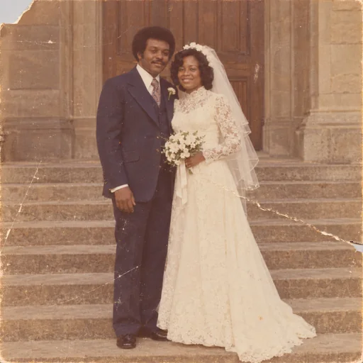 Source 1 for Wedding photo restoration: stone steps wedding couple 1970s.