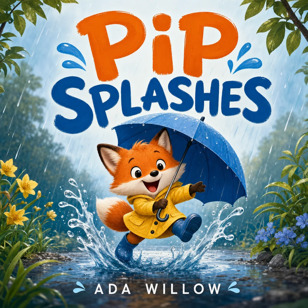 Pip Splashes book cover by Ada Willow showing a joyful fox splashing beneath a blue umbrella.