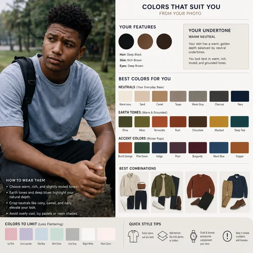 Color analysis with the recognizable original gray-shirt park portrait and organized palette suggestions.