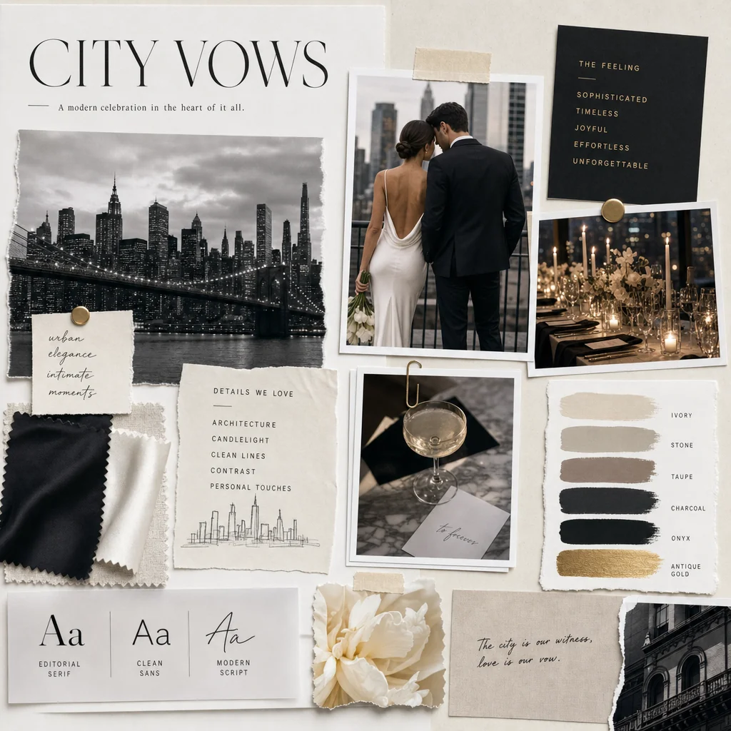 A CITY VOWS moodboard combines city wedding imagery, black-and-ivory swatches and modern typography cues.