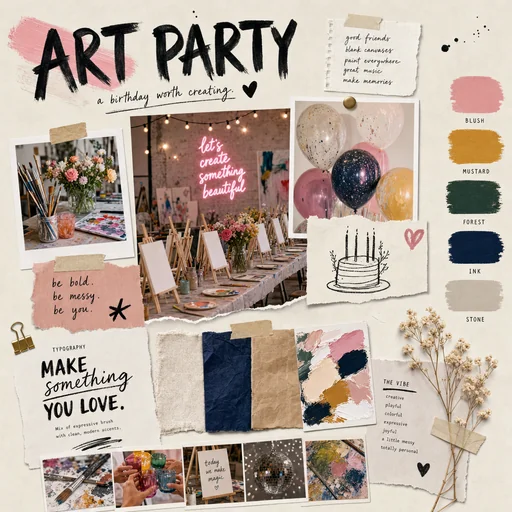 Art Party birthday moodboard with easels, paints and expressive brush lettering.
