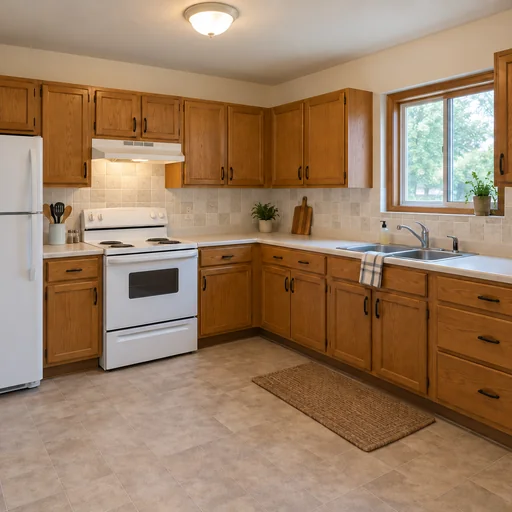 Kitchen with pale stone-look square backsplash tiles, oak cabinets and cream counters.