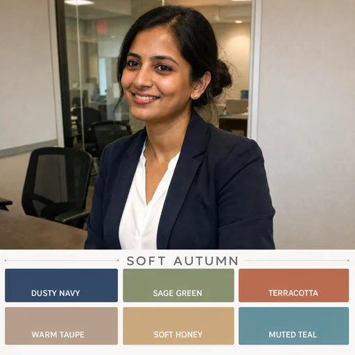 Recognizable navy-jacket office portrait above six seasonal swatches arranged in three columns and two rows.