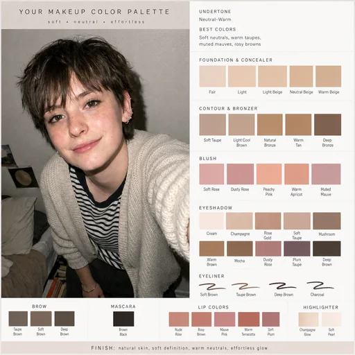 Makeup palette with the original short-haired cardigan portrait and organized cosmetic swatches.