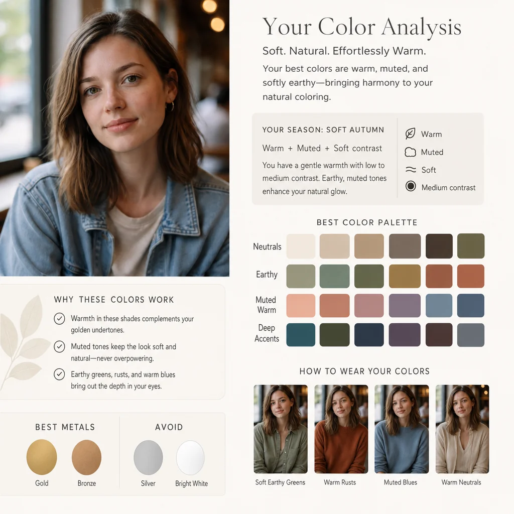 Color palette presentation with the original recognizable denim-jacket portrait, organized swatches and small clothing styling examples.