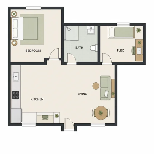 Unmeasured home plan with bedroom, bath and caregiver flex room above an open kitchen and living area.