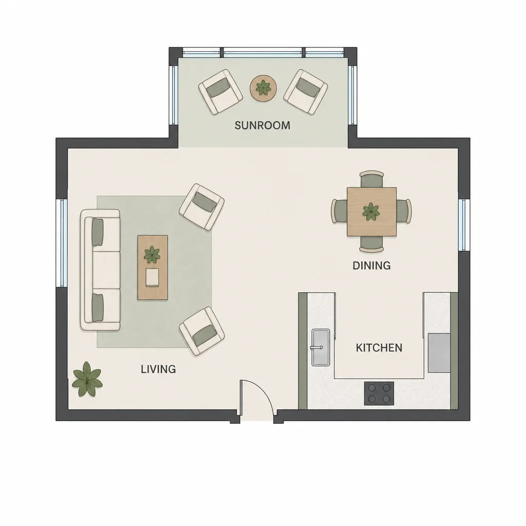 Open-plan home with a connected sunroom, living area, dining table and U-shaped kitchen.