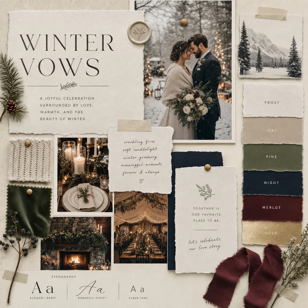 A WINTER VOWS moodboard combines snowy wedding imagery, candlelight, knitted fabric and rich winter color chips.