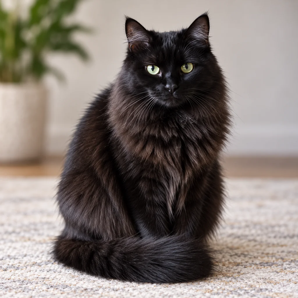 A long-haired black cat with green eyes sits with its tail curled around its paws on a pale rug.
