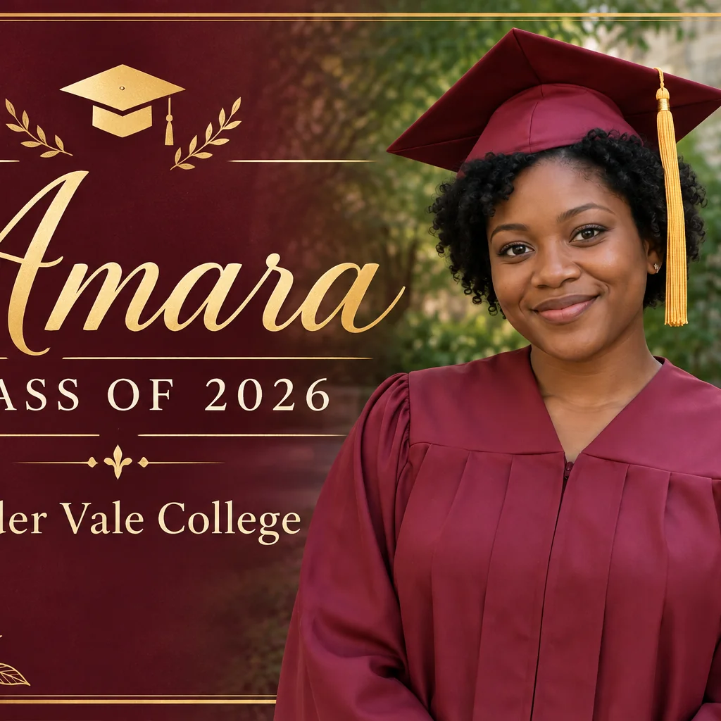Maroon and gold graduation announcement with a graduate beside Amara, Class of 2026, and Alder Vale College.