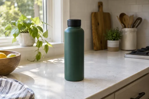 Source 1 for Studio product photo: green insulated bottle.