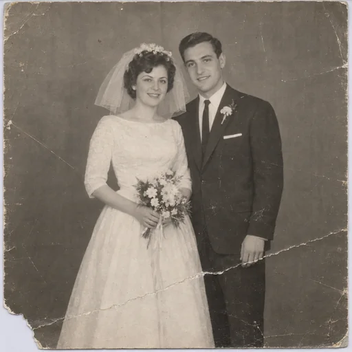 Source 1 for Wedding photo restoration: studio wedding couple 1960s.
