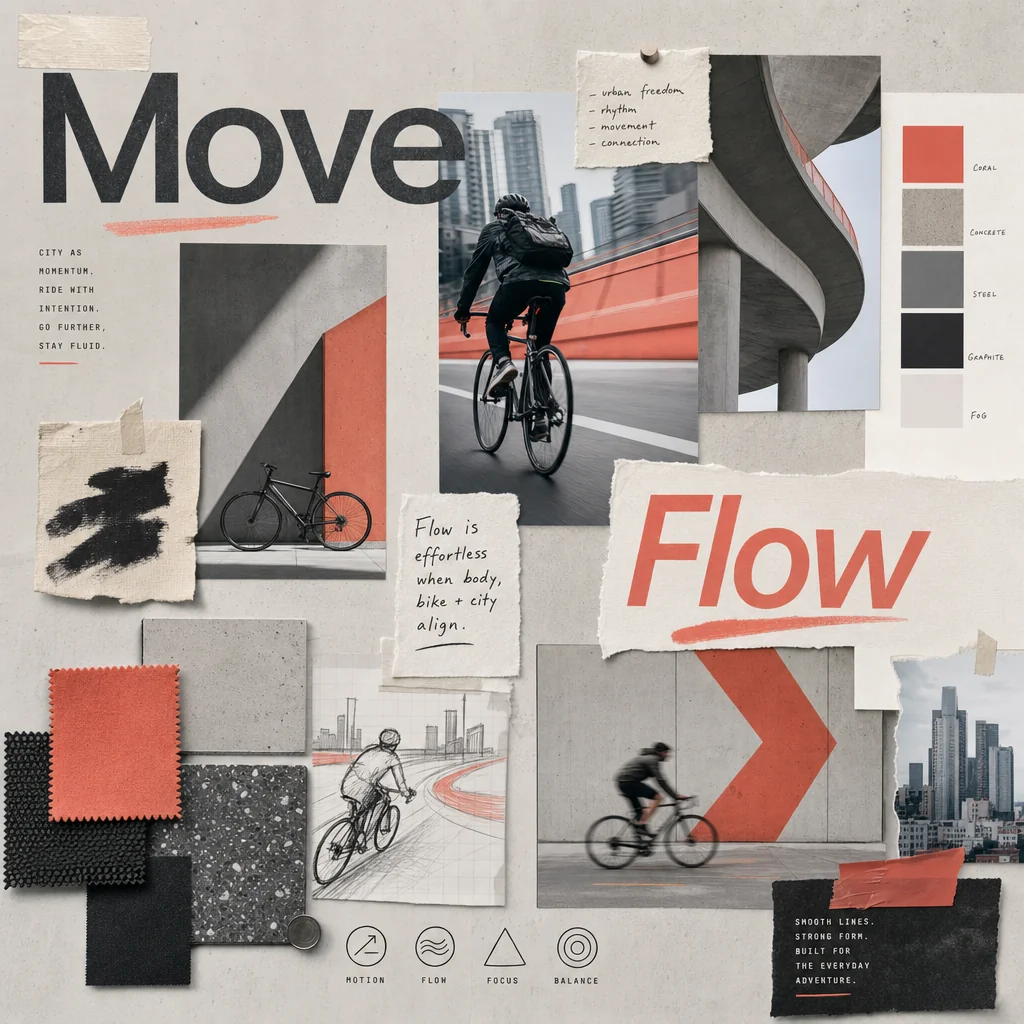 Urban cycling moodboard with coral accents, concrete textures and Move and Flow typography.