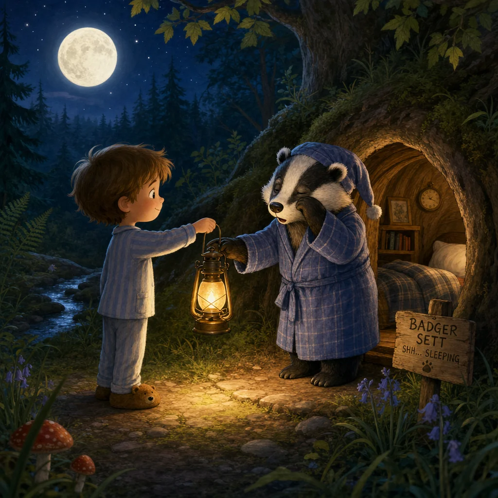 A pajama-clad child lends a glowing lantern to a sleepy badger outside its moonlit forest home.