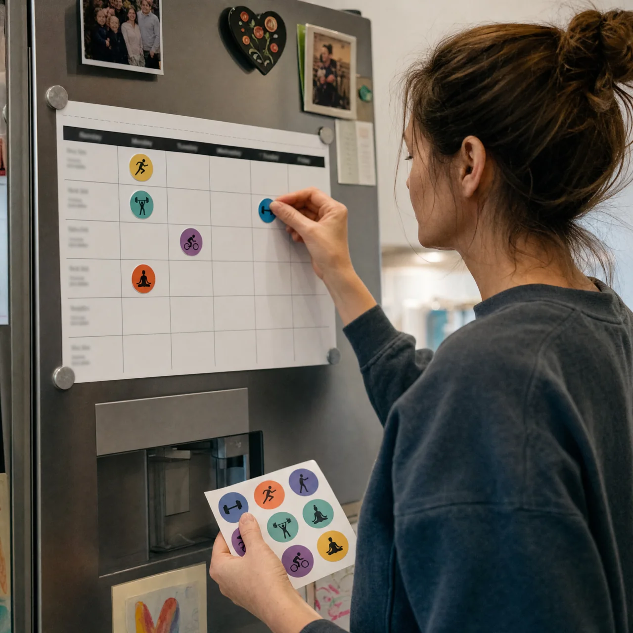 A fridge calendar marked with simple colored stickers showing a three-day-a-week beginner workout plan.