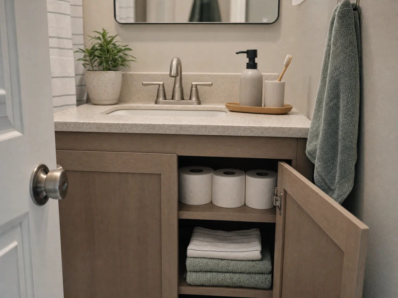 Compact bathroom sink and countertop with a single tray holding daily essentials; under-sink cabinet ajar showing folded towels and a rolled backup toilet paper on a middle shelf.