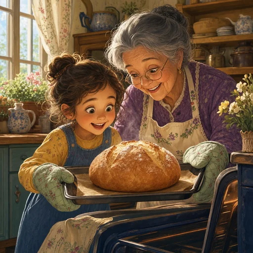 A child and grandmother lift a baking tray with a round loaf resting on it.