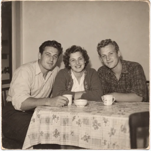 A repaired monochrome photograph of three siblings seated at a kitchen table with cups.