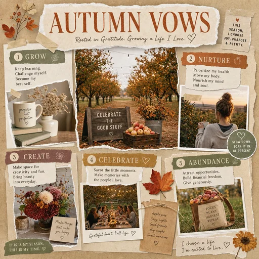 Autumn Vows vision board with an apple orchard celebration, warm floral details and readable aspirational notes.