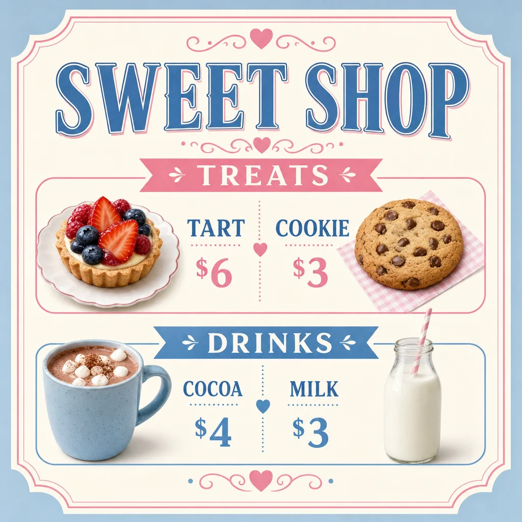 Blue and pink sweet-shop menu with treats and drinks.