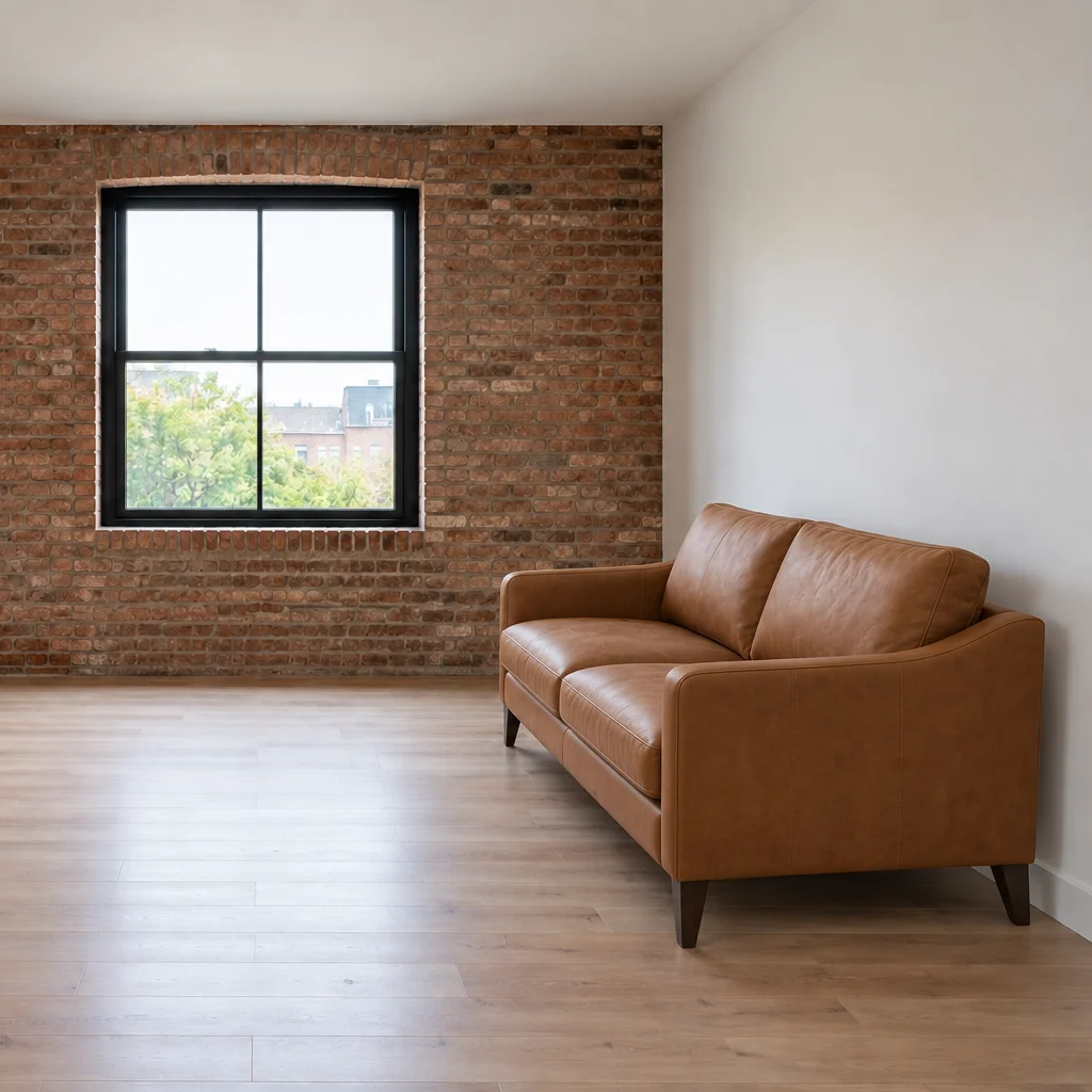 Tan leather sofa positioned along the right wall facing left in an otherwise empty brick-accent room.
