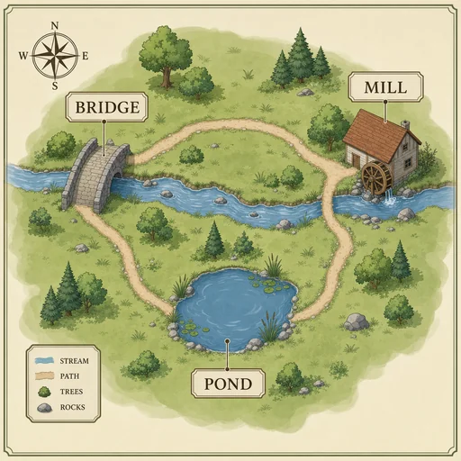 Bridge, Mill and Pond connected around a west-east stream.