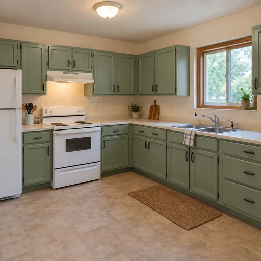 The reference kitchen with satin sage-green cabinets and its existing appliances and surfaces.