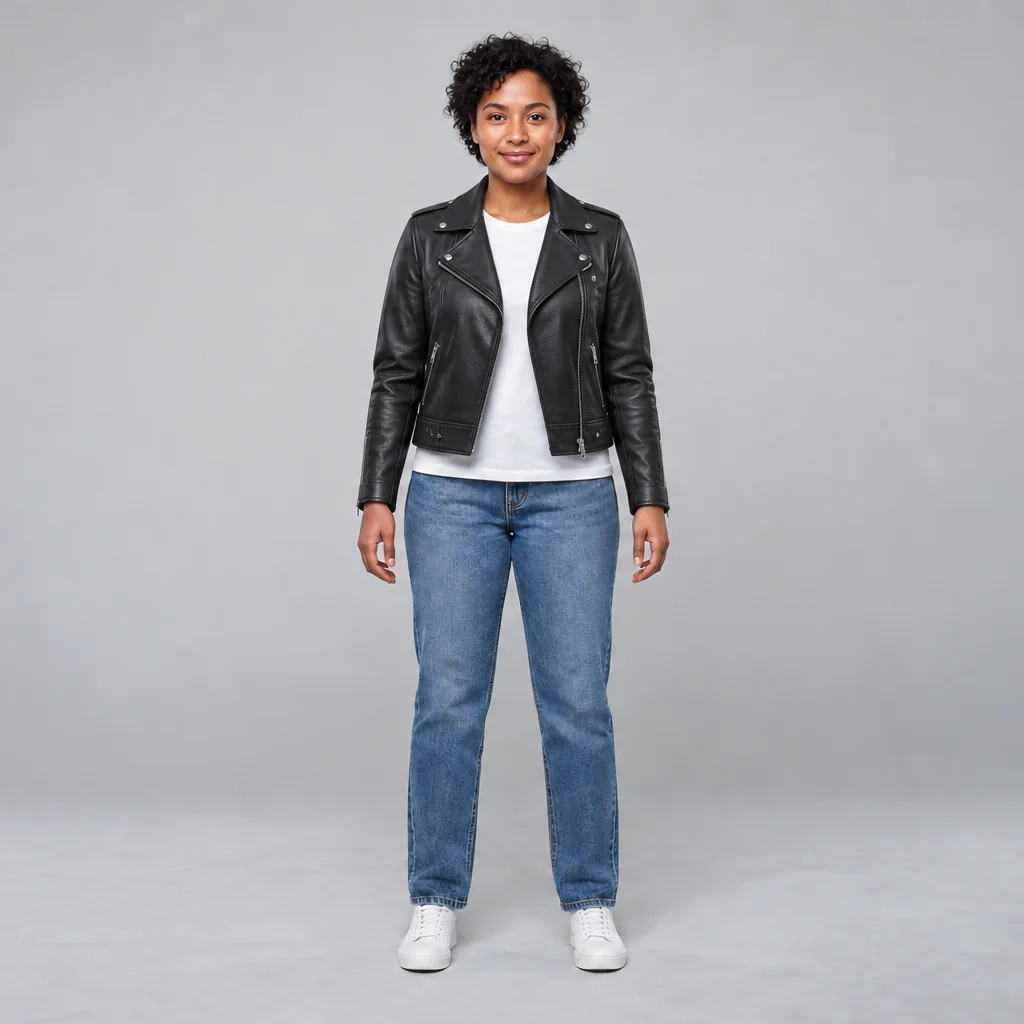 A woman stands against a gray studio background wearing a black leather jacket, white shirt, blue jeans, and white sneakers.