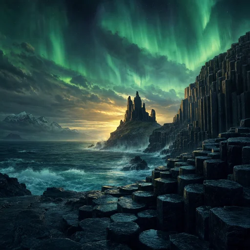 Green aurora glows above a rugged basalt ocean coast with dark columnar rocks and breaking waves.