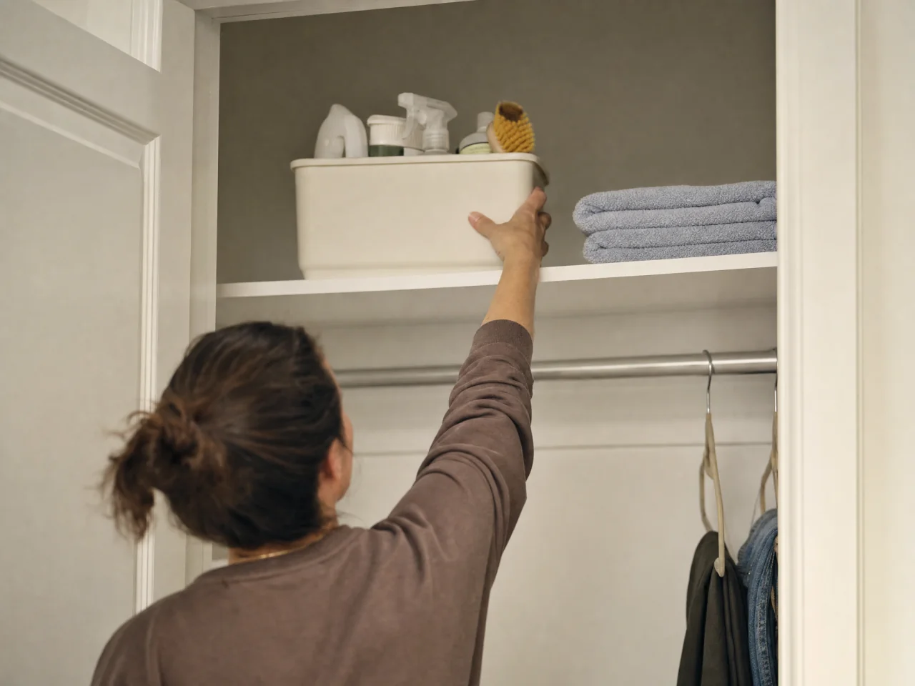Small cleaning caddy stored on the top shelf of a reach-in closet as a person reaches up to take it