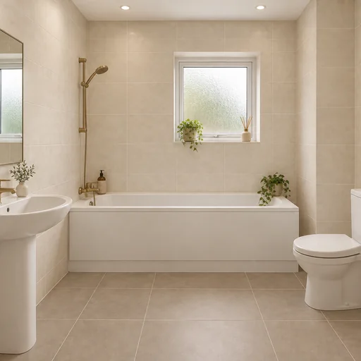 Cream-tiled bathroom with a taupe floor, satin-brass taps, white fixtures, plants and neutral towels.