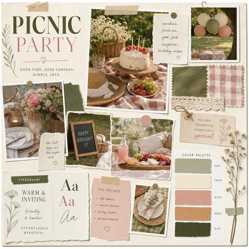 Picnic Party birthday moodboard with outdoor cake, flowers and gingham textures.