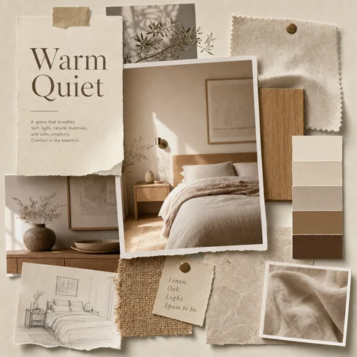 Warm minimalist bedroom moodboard with linen, oak and cream color chips.