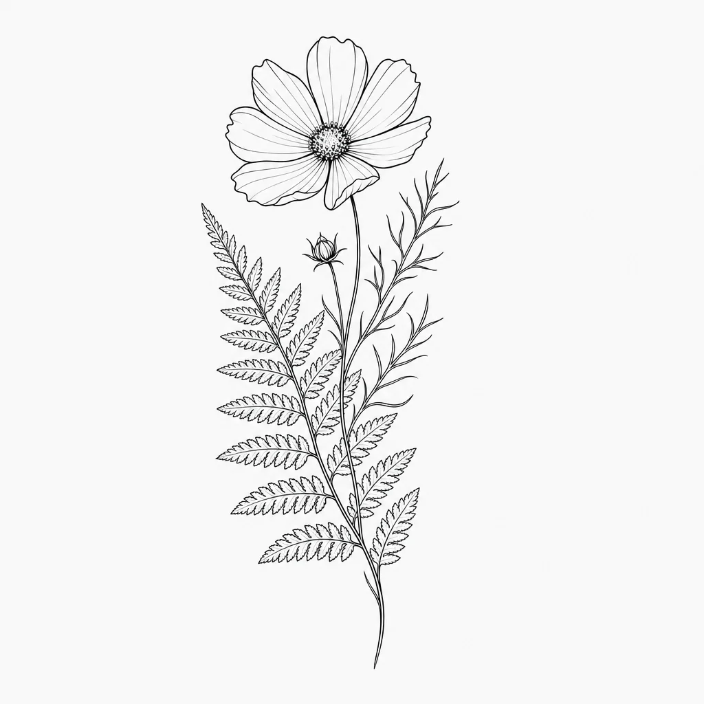 Fine botanical tattoo design with a fern and one open cosmos flower.
