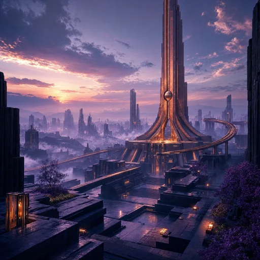 Copper transit spire above stepped basalt plazas in a violet-hazed science-fiction city at dusk.