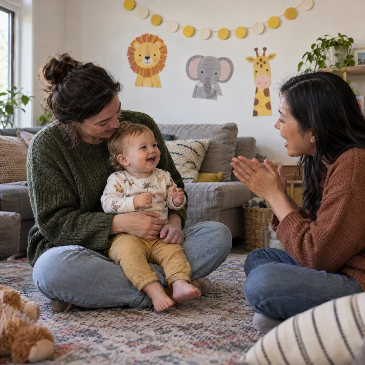 A baby smiles on a caregiver’s lap while another caregiver sings and claps beneath simple paper animal decorations at a home birthday gathering.