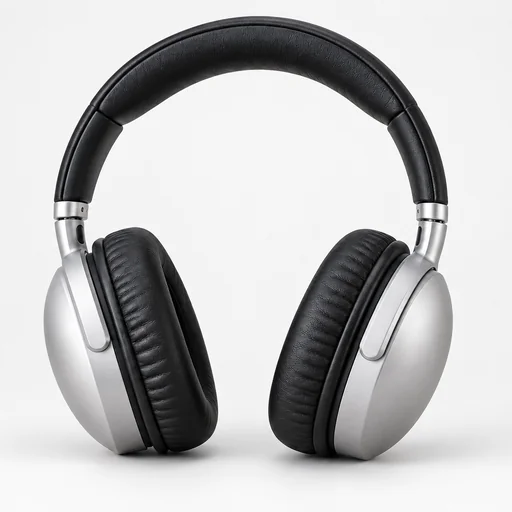 Silver over-ear headphones with black padded earcups and headband on a neutral studio background.