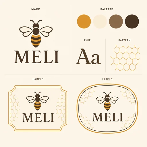 MELI bee mark, soft serif Aa and honeycomb pattern are present with exactly two flat labels.