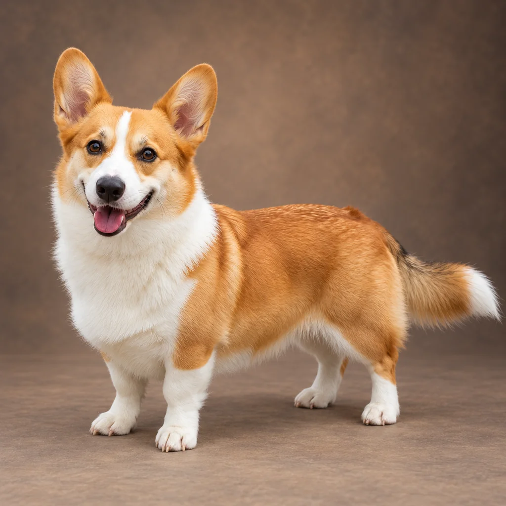 A tan-and-white corgi stands with upright ears against a warm-brown studio backdrop.