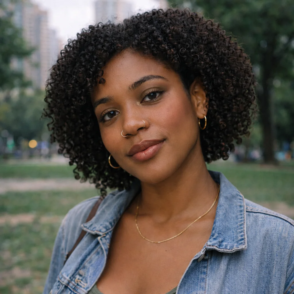 A woman with black curls and a denim jacket wearing subtle olive eye makeup and a warm neutral lip.