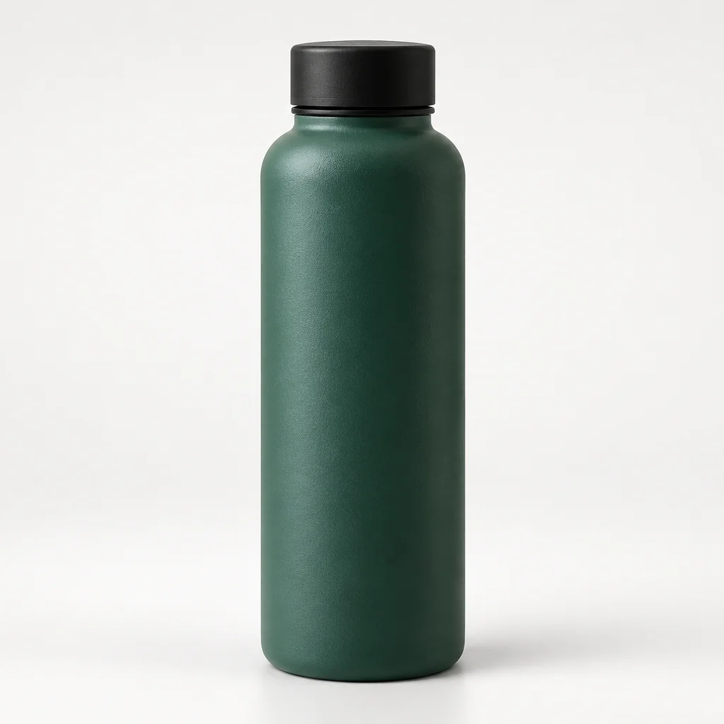 Dark green matte bottle with a black screw cap on a pale studio background, with a soft grounded shadow.
