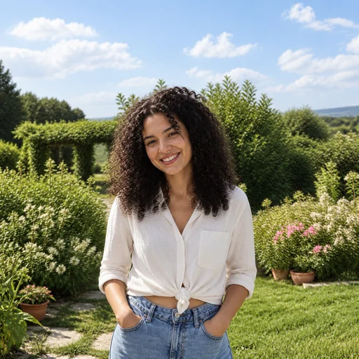 A colorized garden portrait of a smiling woman with dark curls wearing an ivory shirt and blue jeans.