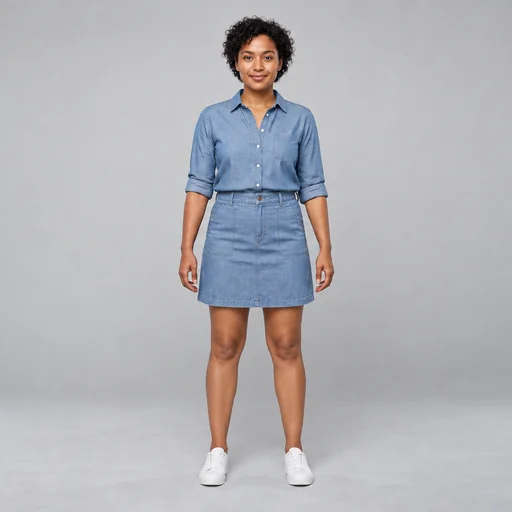 A woman with short dark curls wears a blue chambray shirt, matching skirt and white sneakers against a gray studio backdrop.