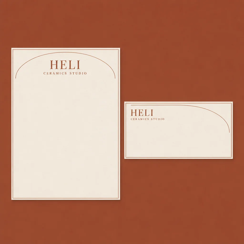 HELI ceramics studio cream letterhead and envelope with terracotta arc motifs.