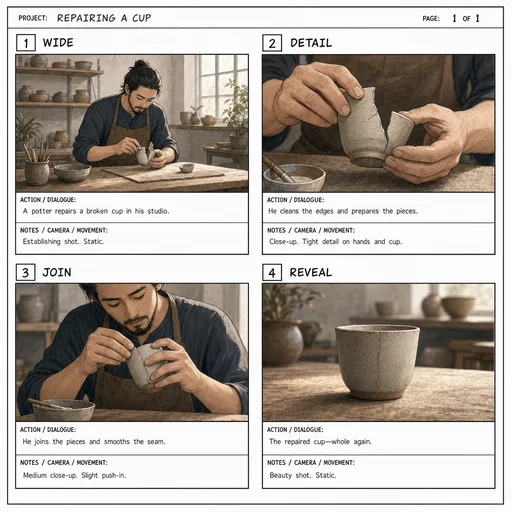 Four storyboard frames show a potter repairing a broken cup, labeled WIDE, DETAIL, JOIN and REVEAL.