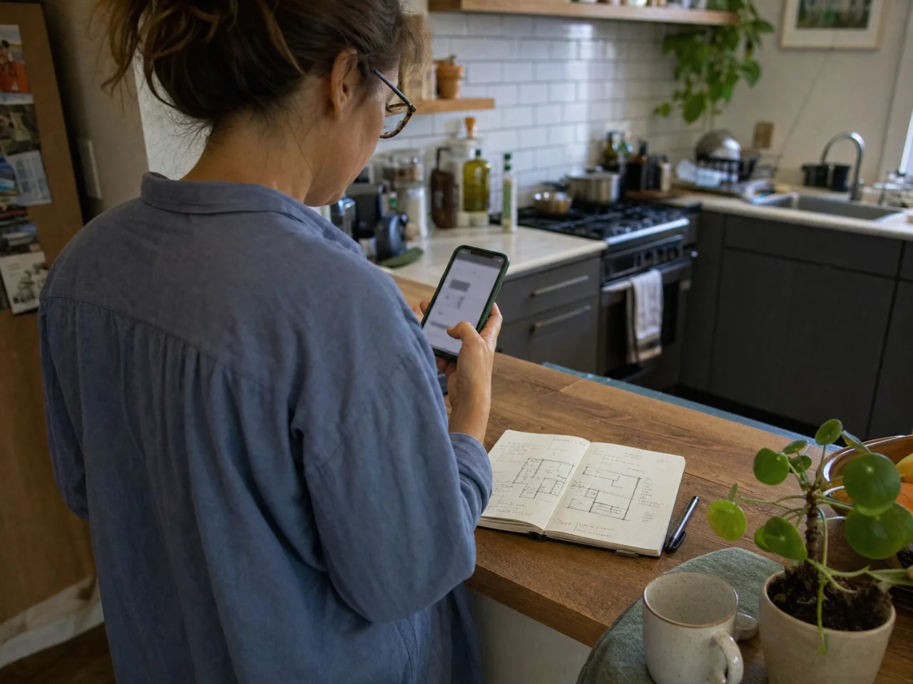 Adult standing at a small kitchen counter holding a smartphone angled away, with an open notebook showing a rough sketched floor plan and a pen on the counter; the kitchen workspace is visible in the background.