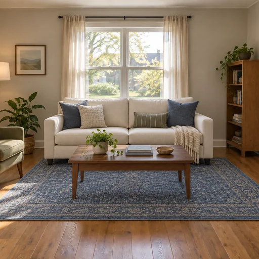 Living room with an ivory sofa, walnut coffee table and blue patterned rug beneath the original window.